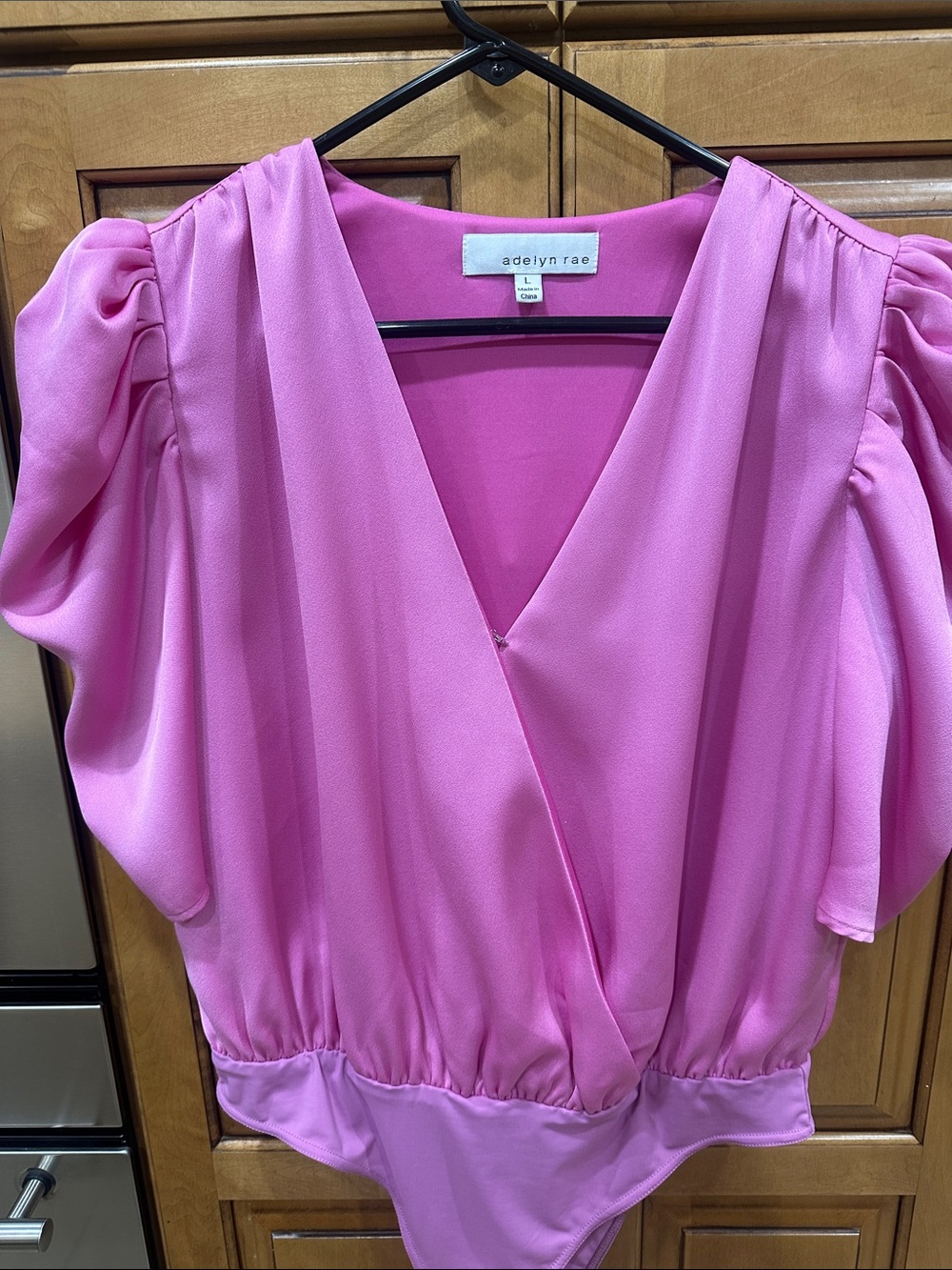 Adelyn Rae Bright Pink Puff Sleeve Wrap Bodysuit